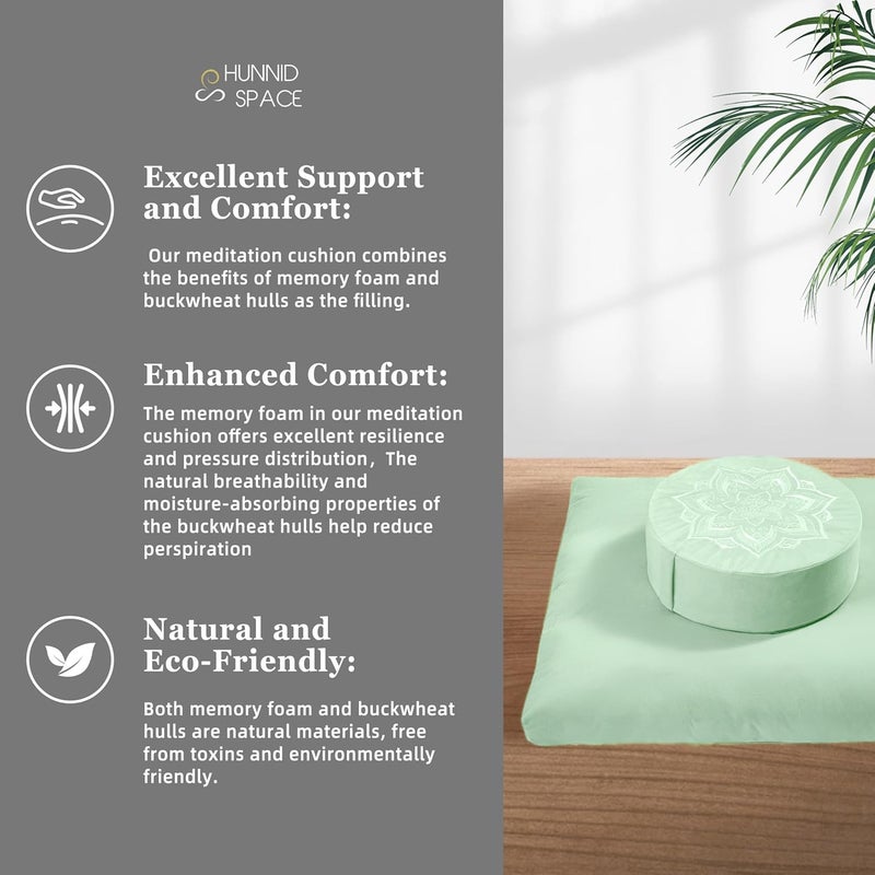 hunnidspace Meditation Zafu Cushion Set with Buckwheat Hulls & Memory Foam - Ergonomic Support for Yoga & Sitting - Removable Machine-Washable Luxury Velvet Cover - for Adults and Kids (Sage Green) - Image 5